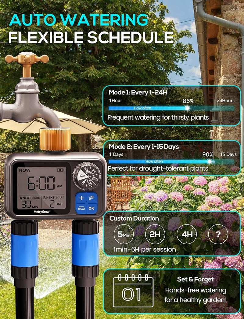 MetryGrow Sprinkler Timer, Programmable Irrigation Water Timer with 2 Brass Inlet for Garden Hose, Automatic Watering System for Yard Lawn, Rain Delay - Image 2